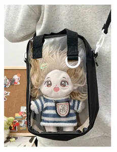 Clear ita bag crossbody transparent pocket with cute 20cm plush cotton doll anime style daily wear
