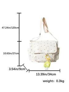 Cute floral canvas messenger bag with large capacity, trendy Japanese style crossbody bag.