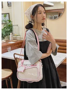 Borsa a tracolla ita stile giapponese rosa e bianco carina da donna per uso quotidiano