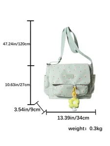 Floral messenger bag detail view showing strap length, bag dimensions, and net weight info.