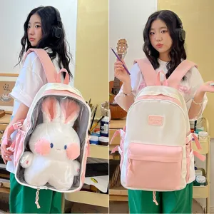 Japanese style cute pink white student backpack with clear window for plush doll ita bag
