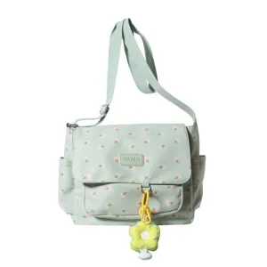 Light green floral messenger bag, large capacity fabric crossbody bag with cute yellow flower charm.