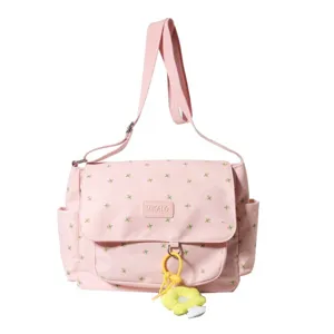 Pink floral messenger bag with shoulder strap, sweet style casual crossbody bag for daily use.