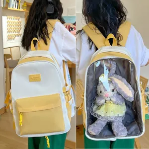 Japanese style transparent ita backpack for 40cm plush dolls, white and yellow student bag.
