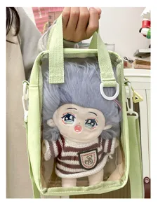Clear front ita bag for 20cm cotton dolls, green crossbody shoulder bag with cute doll toy.