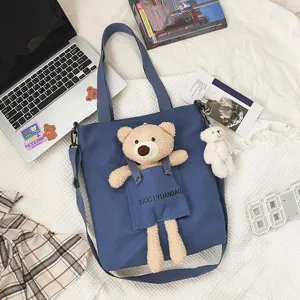Bonito bolso tote de lona con oso de peluche mujer bolso bandolera estilo japonés chic