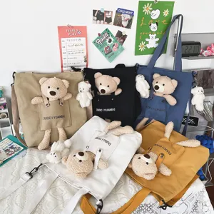 Bolso cruzado de lona con oso de peluche para mujer, estilo japonés bolso casual elegante.