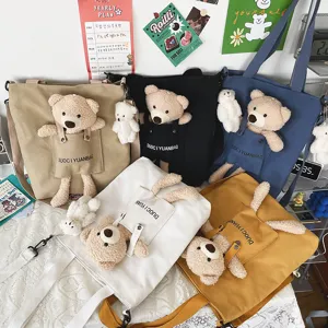 Bolso tote de lona bonito con muñeco de oso de peluche, bolso cruzado estilo kawaii.