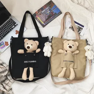 Bolso bandolera de lona con osito de peluche lindo, bolso informal para estudiantes.