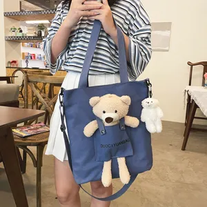 Bolso de lona de osito tierno para mujer estilo japonés bolso de hombro casual diario