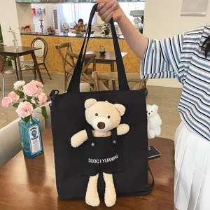 Bolso tote de lona negra con adorable oso de peluche 3D, bolso bandolera casual.