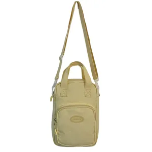 Casual light yellow canvas crossbody bag with top handle and front zip pocket for daily use.