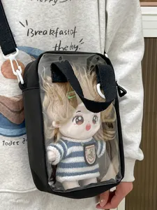 Black transparent ita bag with cute 20cm cotton doll plush crossbody shoulder bag