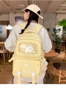 Cute yellow canvas school backpack with clear window, large capacity casual daypack for teens
