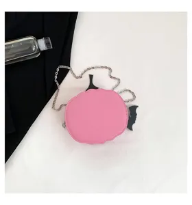 Pink Halloween pumpkin shoulder bag with chain strap, cute cartoon messenger bag for women.