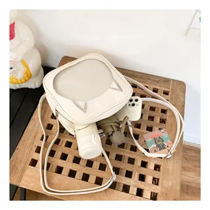 Detailed view of white PU leather ita bag with cute cat ears and transparent mesh window.