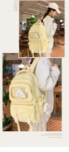 Cute canvas student backpack with clear window, large capacity, casual daily school book bag.