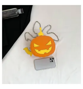 Halloween pumpkin crossbody bag with chain stylish cute orange leather shoulder purse for women