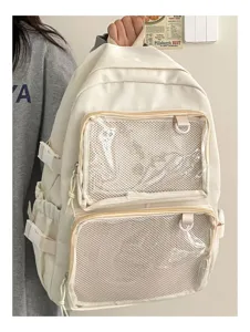 Japanese style white canvas ita backpack with clear window and mesh pocket for pins and badges.
