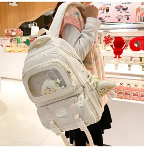 White canvas ita backpack with clear window, large capacity school bag for students and teens.