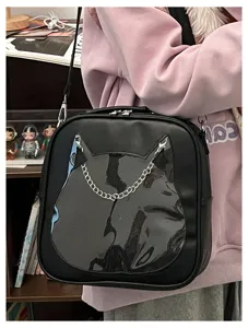 Japanese cute cat transparent ita bag PU leather black crossbody shoulder bag casual daily use