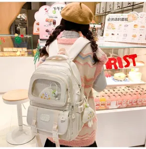 Casual canvas school backpack with clear window, aesthetic cute daypack for students daily use.