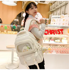 White ita backpack casual student school bookbag clear window cute plush accessory design