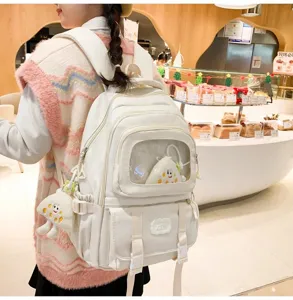 White canvas ita backpack for women, cute school bag with clear window, large capacity casual daily use.