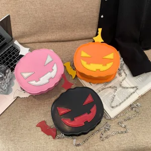 Halloween cute pumpkin shoulder bag, creative contrast color PU leather crossbody bag for women.