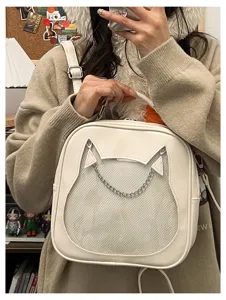Close-up detail view of the cute cat ear transparent ita bag featuring mesh window and chain.