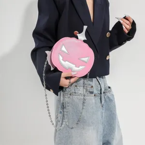 Halloween pumpkin crossbody bag, stylish pink and silver PU leather shoulder bag for women.