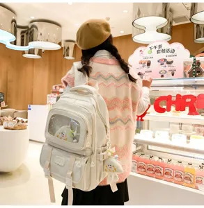 White student ita bag backpack with transparent window, casual campus large capacity schoolbag.