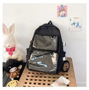 Black ita backpack with double clear pockets, ideal for anime pins and daily student school use.