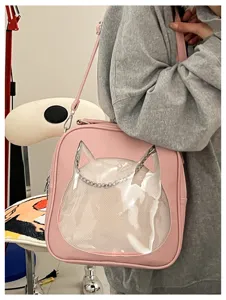 Pink cat ear ita bag PU leather clear window crossbody shoulder bag for women cute