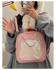 Pink cute cat ear transparent ita bag featuring chain decoration and stylish design for daily use.