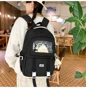 Black canvas school backpack with clear display window, casual daily daypack for students.