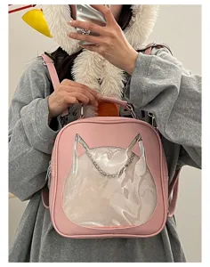 Pink cute cat transparent ita bag PU leather mini backpack kawaii crossbody shoulder handbag