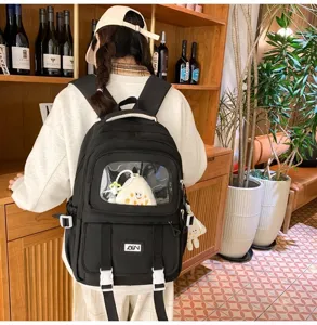 Black ita backpack for women with transparent window, large capacity school bag for daily use.