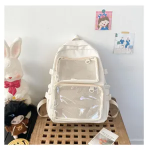 White canvas ita bag with transparent pocket for pins badges, cute Japanese school backpack