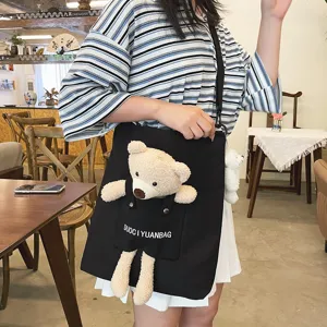 Bonito bolso bandolera de lona con osito de peluche para mujer, estilo japonés.