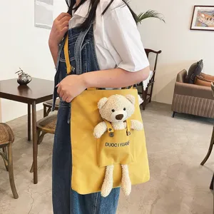 Bolso cruzado de lona con osito de peluche lindo para mujer, estilo japonés.