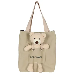 Bolso tote de lona con osito tierno para mujer, bolso cruzado informal con diseño de peluche.