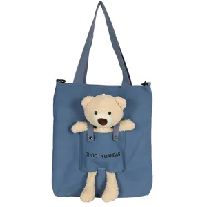 Lindo bolso de lona con oso de peluche para mujer, bolso cruzado de hombro versátil.