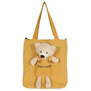 Bonito bolso tote de lona amarilla con osito de peluche, bolso de hombro informal para mujer.
