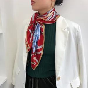 Fashion mulberry silk square scarf with geometric floral print for women elegant daily wear