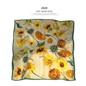 Artistic sunflower print silk scarf with green border, vintage style square neckerchief.