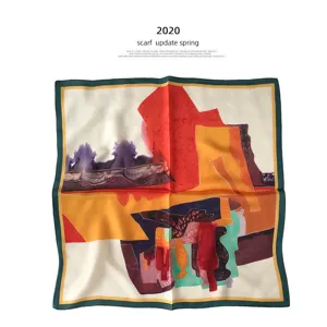 Artistic oil painting silk square scarf featuring smooth texture and elegant drape for women.