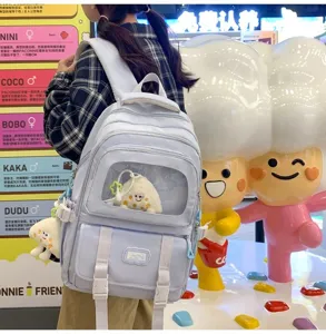 Aesthetic canvas school backpack for teen girls, large capacity cute book bag with clear window.