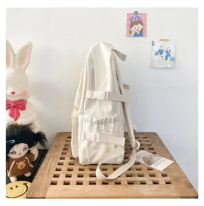 Japanese ins style canvas backpack student school bag beige casual daypack with side pockets