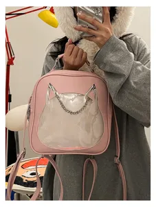 Cute pink cat transparent ita bag, PU mini backpack with chain, stylish casual daily use.